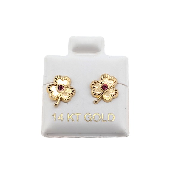 14K Solid Gold Three Leaf Clover Stud Earrings with Pink CZ Shamrock jewelry - Picture 2 of 10
